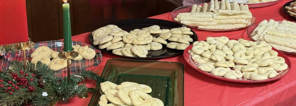 A table of some of the Norwegian Sweet Treats that members bring for our guest to enjoy. Including Kringle and Lefse.
